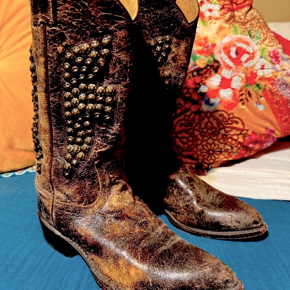 Frye distressed boots with nailhead design